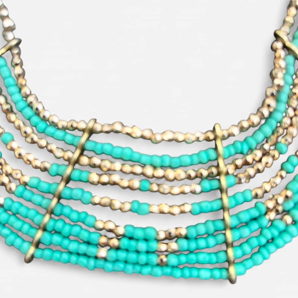 Tribal Sea beaded Bib Necklace Green and Gold - Picture 2 of 4